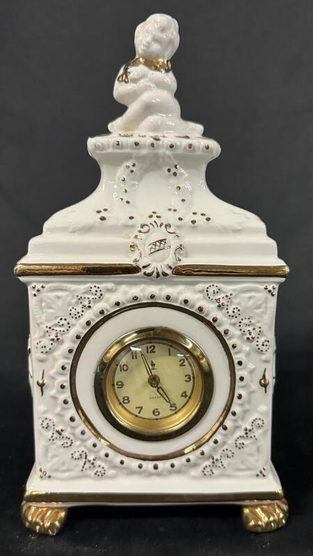 Vintage ANKER Italian Porcelain Mantel Clock with Gold Accents, Cherub Top, Anker Mechanical Movement, 12&rdquo; Tall, Untested