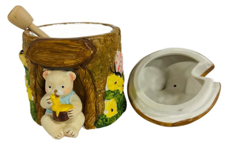 Vintage Creation House Bear & Bee Ceramic Honey Pot with Dipper, Hand Painted, 1999, 5&rdquo; Tall