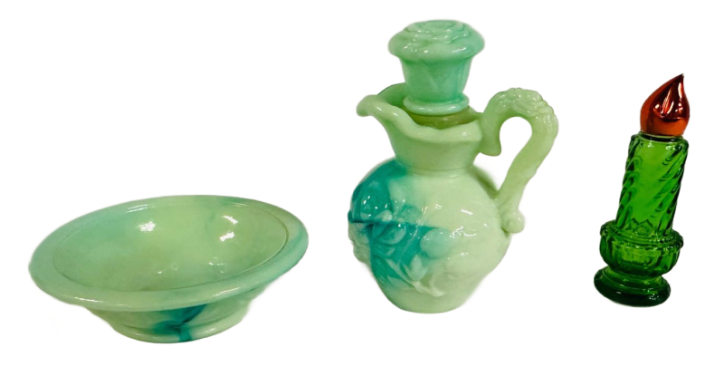 Vintage Glassware Lot: Avon Christmas Candle Cologne & Blue-Green Marbled Ewer Bowl Set