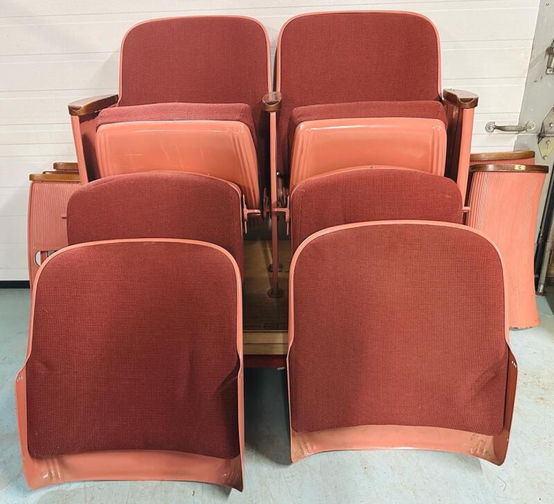 Vintage Auditorium Theater Row Seating - Floor Mount, Pink/Burgundy, Wood Arm, Row C, 4 Backs