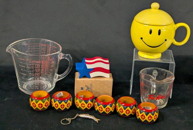 Vintage Pyrex + Fire King Measuring Cups, Indian Wood Napkin Holders, US Salt/Pepper Shakers, Articulated Fish Keychain +