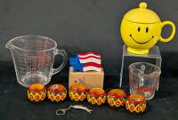 Vintage Pyrex + Fire King Measuring Cups, Indian Wood Napkin Holders, US Salt/Pepper Shakers, Articulated Fish Keychain +