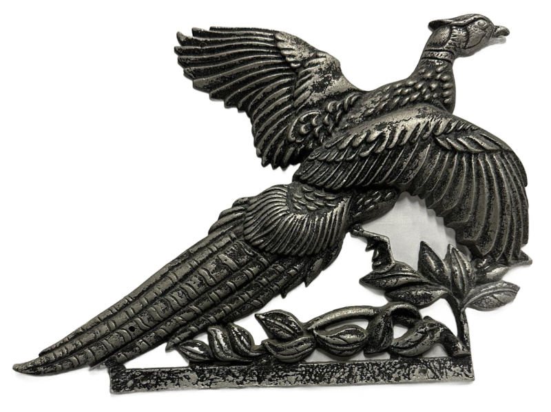 Vintage Cast Metal Wall Plaque &ndash; Flying Pheasant Bird, Antique Black Silver Finish, 17.5"x12.2"