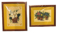 2 Vintage Framed Cross Stitch Art Set, Floral Potted Plants, Wood Frame 16.7x13.8/16.5x13 inches, Glass