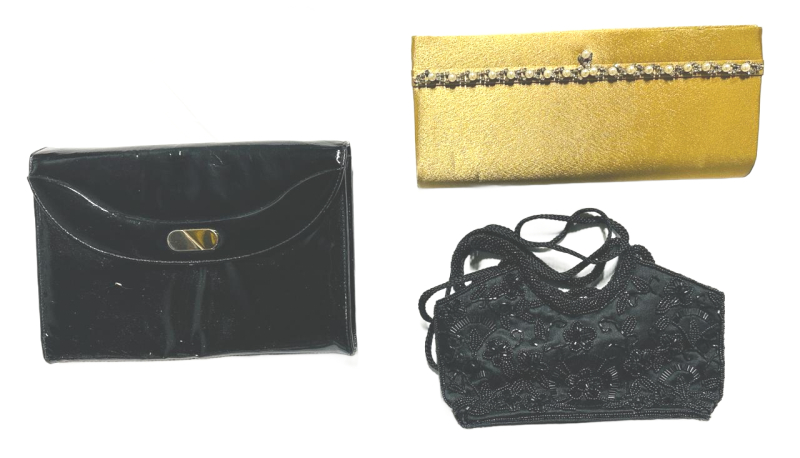 3 Vintage Women's Evening Clutch Bags &ndash; Black Patent, Gold Satin Rhinestone, Mini Beaded