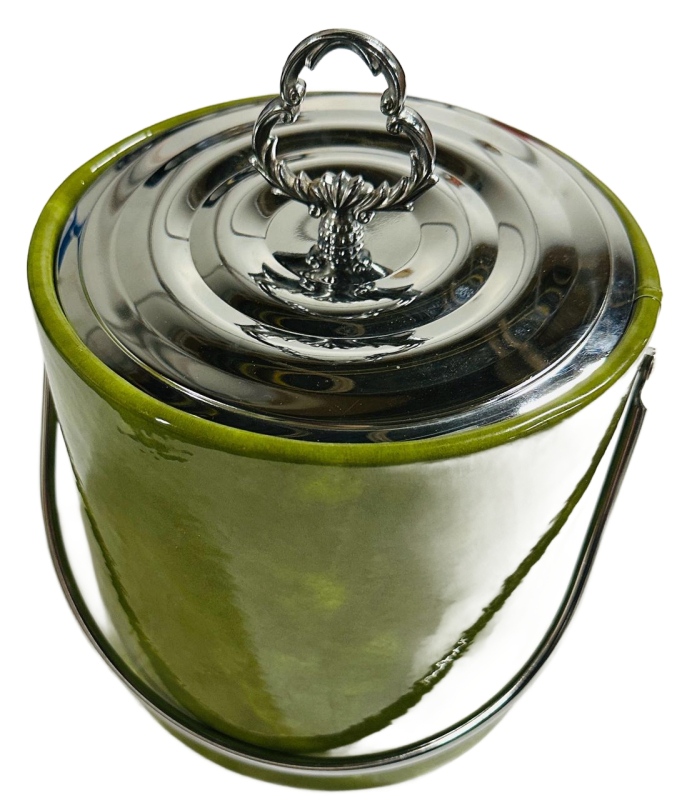 Vintage Irvinware Green Ice Bucket, Chrome Lid, 8.5" Diameter, Made in USA, Mid-Century Barware