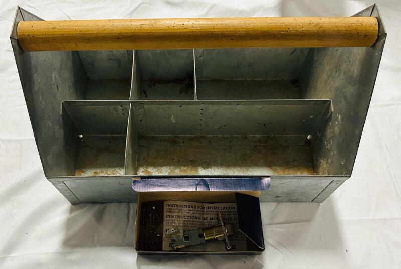 Galvanized Metal Tool Tote with Wooden Handle, 6 Compartments, Includes New Universal Door Latch Kit