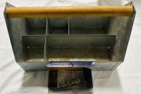 Galvanized Metal Tool Tote with Wooden Handle, 6 Compartments, Includes New Universal Door Latch Kit