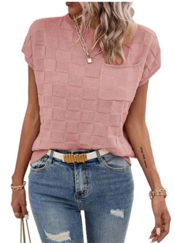 New Size SM Women's Pink Checkered Knit Sweater Top, Short Sleeve, Crew Neck, Ribbed Hem, Chest Pocket