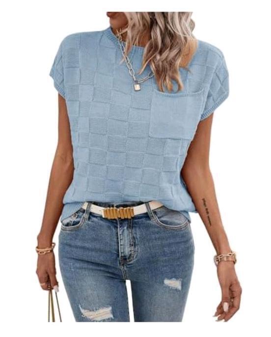 New Size MED Women's Light Blue Knitted Checkerboard Short Sleeve Sweater Top, Medium Fit, Crew Neck, Chest Pocket