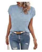 New Size MED Women's Light Blue Knitted Checkerboard Short Sleeve Sweater Top, Medium Fit, Crew Neck, Chest Pocket