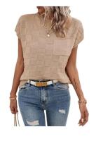 New Size LG Women's Beige Checkered Knit Short Sleeve Sweater Top, Size Large, Chest Pocket, Pullover, Made in China