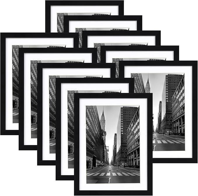 New 10-Pack 5x7 Inch Black Picture Frames, Wall-Mount, Includes Hanging Hardware, New in Box