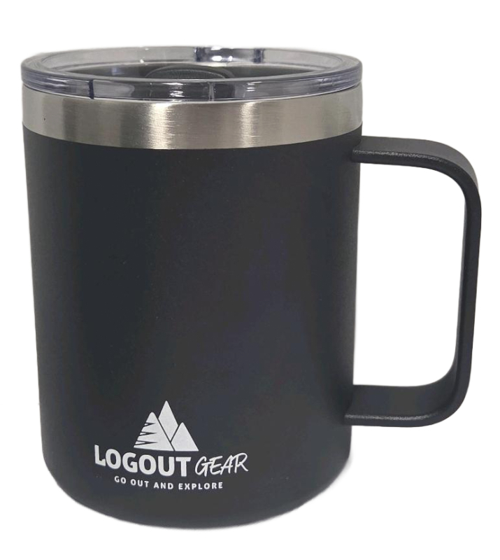 New Logout Gear 12oz Coffee Mug Tumbler for Camping with Lid and Handle, Vacuum Insulated Stainless Steel - Keeps Your Hot or Cold Drinks for a Long Time for Outdoor, Home or Office