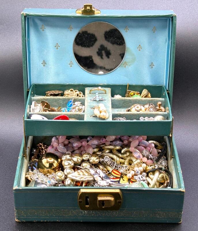 Vintage 2-Tier Jewelry Box With Assorted Contents, 3" Tall, Without Key