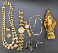 Vintage Jewelry : Snowflake Obsidian Dangle Bracelet, Beaded Necklace + Earrings Set Japan, 2 Ladies Watches (Le Montre, Gruen Precision), Faux Pearl Necklace Missing Clasp & Cast Metal Virgin Mary 6"