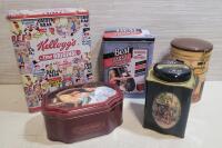 Lot of 5 Vintage Collectible Tins &ndash; Kellogg&rsquo;s, Tim Hortons, Pot of Gold, Tea, Garage, Decor Graphics