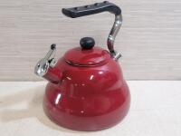 Red Enamel-on-Steel Stovetop Whistling Tea Kettle, 2 Quart, Ergonomic Handle
