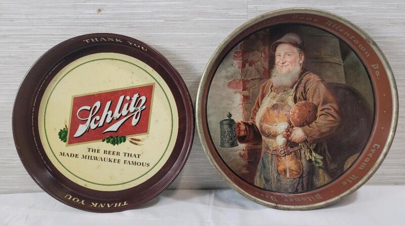 Vintage Louis F. Neuweiler & Sons Cream Ale Pilsner Beer Metal Tray - 13 &frac14;" & Schlitz Beer Metal Tray - 12"