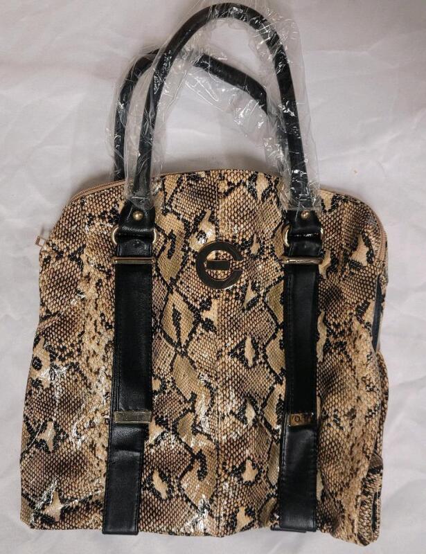 Ecko Unltd. Faux Snakeskin Tote Bag, Black Handles, Gold Hardware, 13x12x4 in, Zipper Closure