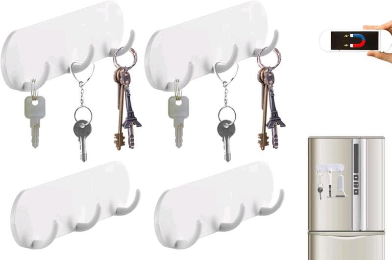 4 New Magnetic Key Holders with 3 Hooks for Refrigerator, Kitchen, and Laundry Rooms, 2 Packs of 2