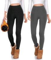 New Adult O/S (SM) Grey+Black Darkterror 2-Pack Fleece Lined Leggings for Women Thermal Tummy Control High Waist Winter Warm Workout Tights