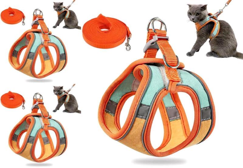 3 New Cat Vest Harnesses With Leash, Reflective Pet Harness for Cat, Kitten, Puppy (Large, Orange and Green)
