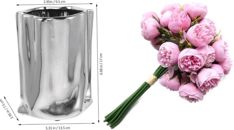New Flowers' Vases Light Luxury Electroplated Ceramic Vase Study Room Living Room Decoration Hotel Home Office Flowerpot Decoration Decor Vase With Bundle of Artificial Flowers