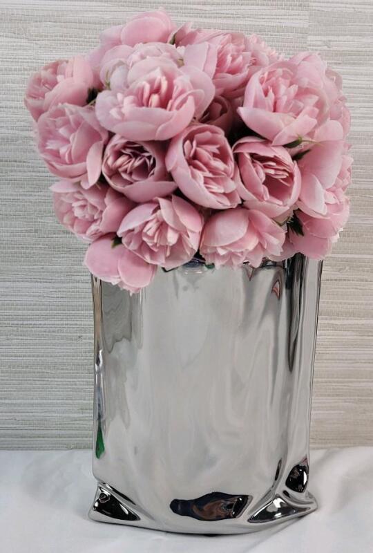 New - Home Decor Vase with Artificial Pink Roses . Measures 11.5" tall .