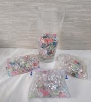 Home Decor Lot . Includes : 11" Clear Etched Glass Vase & Glass Stone Decorations plus Uranium Stones Mixed-In