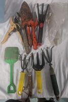 10 Assorted Tools with Metal Bin. Primarily Gardening Implements 5.5" Tall