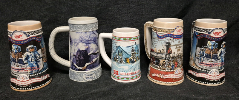5 Vintage Miller High Life Ceramic Steins 7" Tall - NASA x2