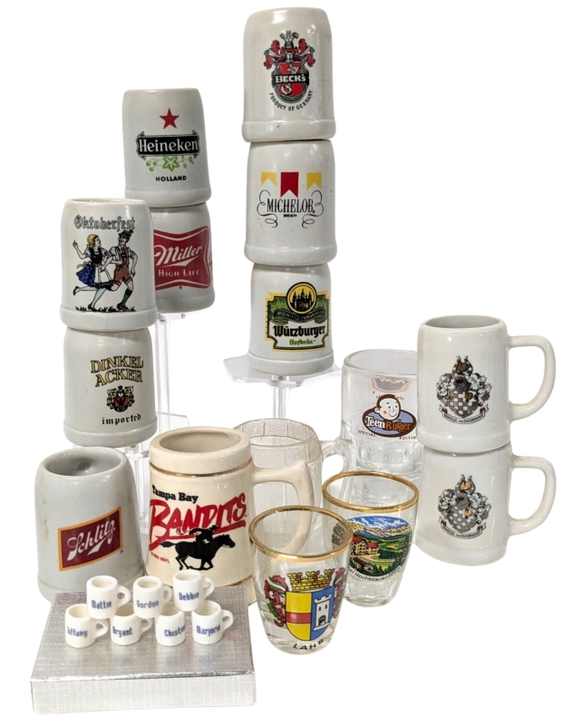 15 Vintage Mini Stoneware Tankards (Includes 2&times; West Germany) & Shot Glasses + 7 Teeny Weeny Miniature Ceramic Mugs With NAMES - 0.5" - 3.25" Tall