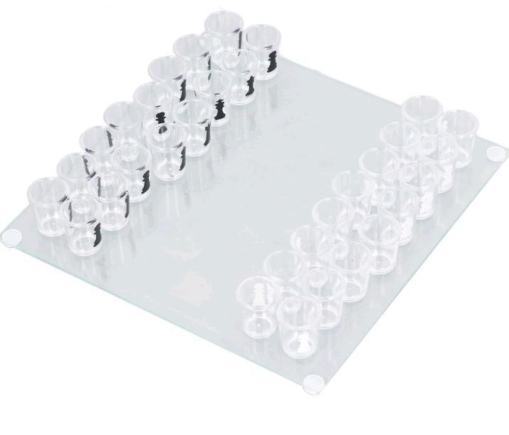 Clear Glass Shot Glasses Chess Set w/Glass Board .