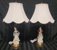 Pair Porcelain Figures " Courting Couple " Table Lamps w/Shades . Measures 21.5" tall . Both tested working