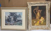 Framed Oil Paintings: Walter Keirstead 1989 House Landscape & Joyce Pearce Still Life Flowers