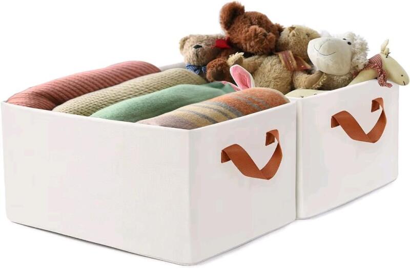 New 2Pcs Fabric Storage Bins/ Closet Storage Bins with Handles, 18" x 11"Foldable Cloth Storage Box for Clothes, Underwear, Lingerie, Socks, Panties (White)