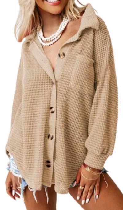 New sz 2XL Women's Oversized Waffle Knit Button Up Casual Shirt