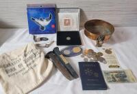 Vintage Junk Drawer Lot . World Coin & Tokens , Rail Road Spikes , Copper Dish , Canada Post Coin and Stamp , Coin Bag & 2 Ladies Watches