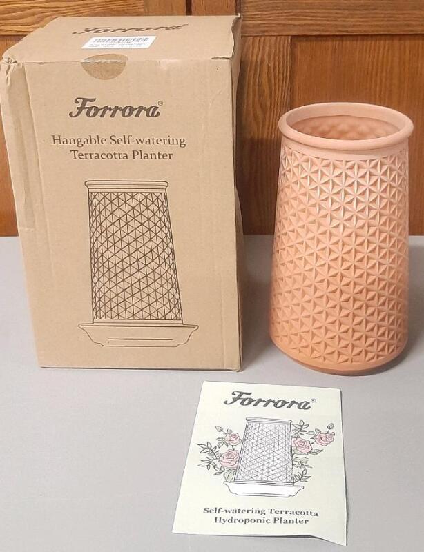 New Forrora Hangable Self-Watering Terracotta Hydroponic Planter, Geometric Embossed, 9" x 6"