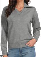 New sz XL Women's PrinStory Long Sleeve Knitted with Lapel Collar V-Neck Sweatshirt