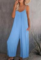 New Size XXL Women's AOISAGULA Sleeveless Loose Jumpsuits Spaghetti Strap Wide Leg Long Pant Romper Jumpsuit with Pockets for Summer Blue