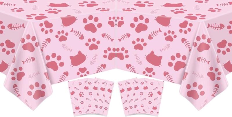 8 New Cat Tablecloth Paw Print Tablecloth Cat Themed Table Cover Cats Dogs Plastic Tablecover Bone Sign Table Cloth Cat Party Supplies Cat Birthday Decorations Kitty Theme Birthday Decor 86 x 51 Inch