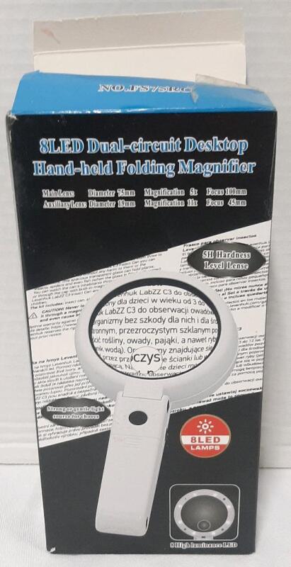 New 8LED Dual-Circuit Desktop/Hand-held Folding Magnifier, 5x/11x, 75mm, 3 Joints, USB Power