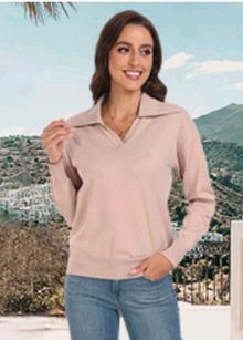 New sz L Women's PrinStory Long Sleeve Knitted with Lapel Collar V-Neck Sweatshirt