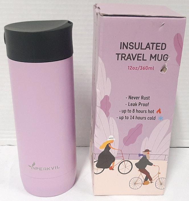 New PEAKVIL 12oz Insulated Travel Mug, Pink, Stainless Steel, Leak/Rust Proof, 8hr Hot, 14hr Cold