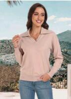 New sz XL Women's PrinStory Long Sleeve Knitted with Lapel Collar V-Neck Sweatshirt -Camel
