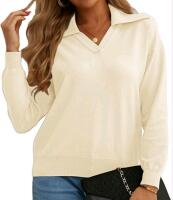 New sz XL Women's PrinStory Long Sleeve Knitted with Lapel Collar V-Neck Sweatshirt