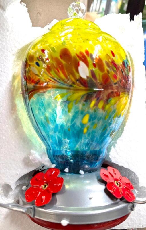 New REZIPO Hummingbird Feeder Hand Blown Glass Bird Feeder for Outdoors Patio Large 32 Ounces Hummingbird Nectar Capacity with Hanging Hooks, Rope, Brush and Service Card