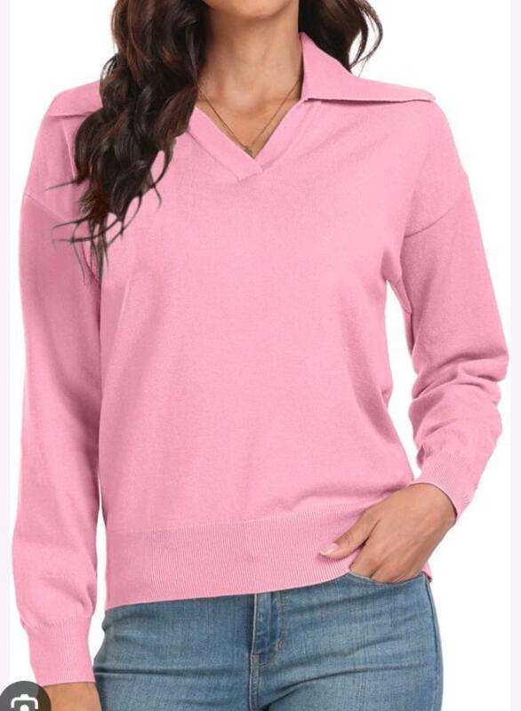 New sz XL Women's PrinStory Long Sleeve Knitted with Lapel Collar V-Neck Sweatshirt